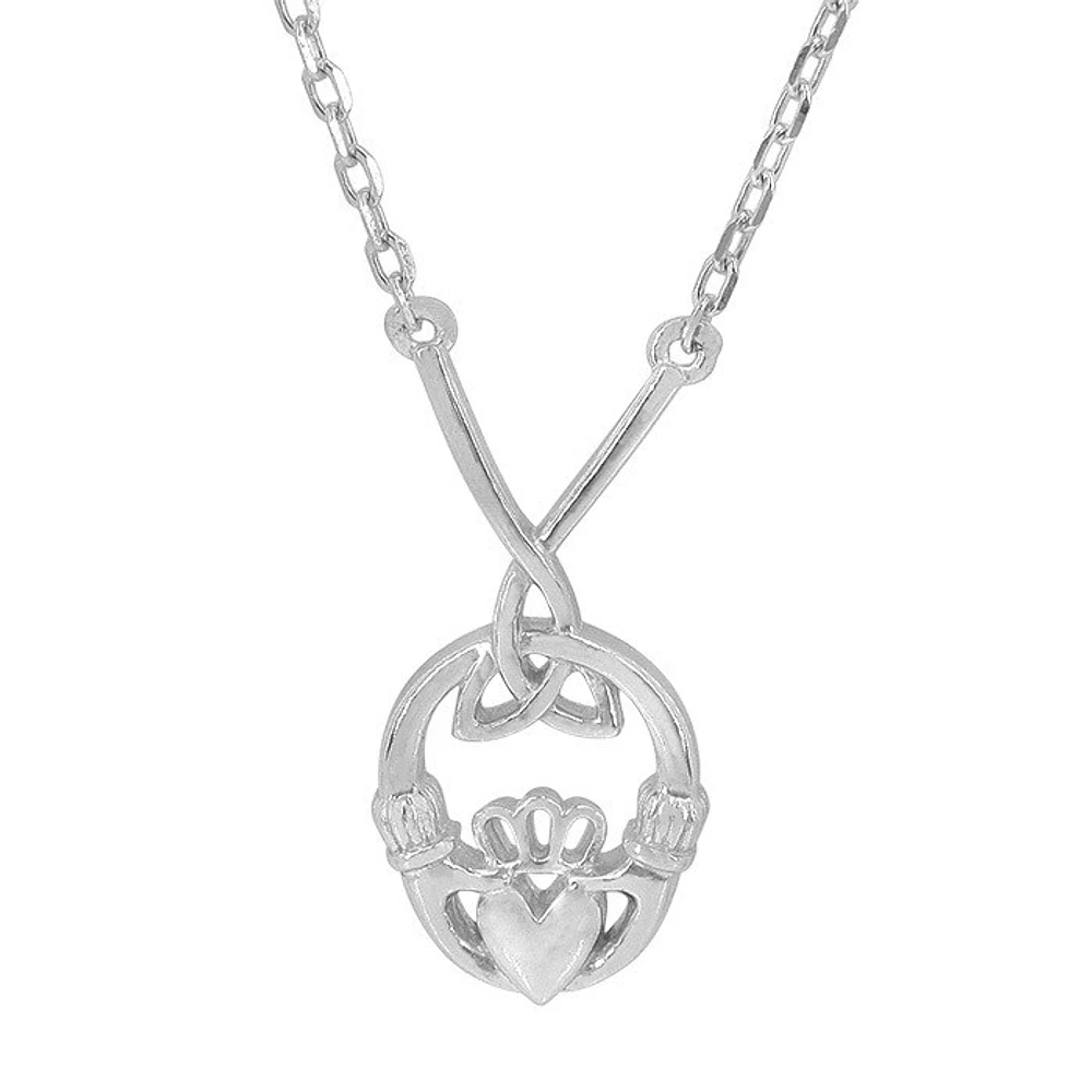 Sterling Silver With Rhodium, 10X21mm Claddagh Celtic Knot Necklace