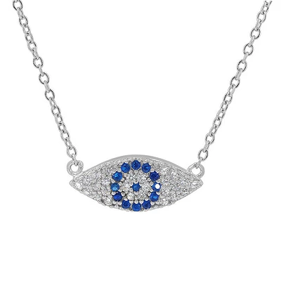 Sterling Silver With Rhodium, 7X16mm Evil Eye Necklace With Cubic Zirconia