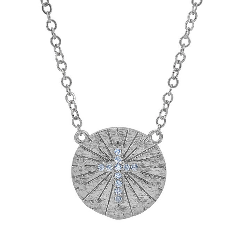 Sterling Silver With Rhodium, 11mm Cross Charm Necklace With Cubic Zirconia