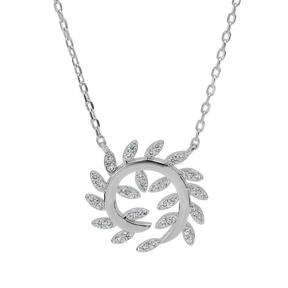 Sterling Silver With Rhodium, 16X18mm Leaves Necklace With Cubic Zirconia