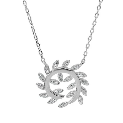 Sterling Silver With Rhodium, 16X18mm Leaves Necklace With Cubic Zirconia