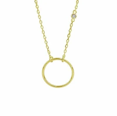 Sterling Silver With Gold,  17X1mm Loop Necklace With 3mm Cubic Zirconia