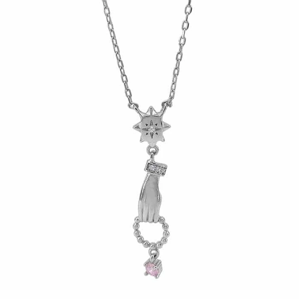 Sterling Silver With Rhodium, 8X31mm Hands Necklace With Cubic Zirconia