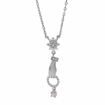 Sterling Silver With Rhodium, 8X31mm Hands Necklace With Cubic Zirconia