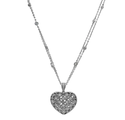 Sterling Silver With Rhodium, 22X23mm Heart Necklace With Cubic Zirconia