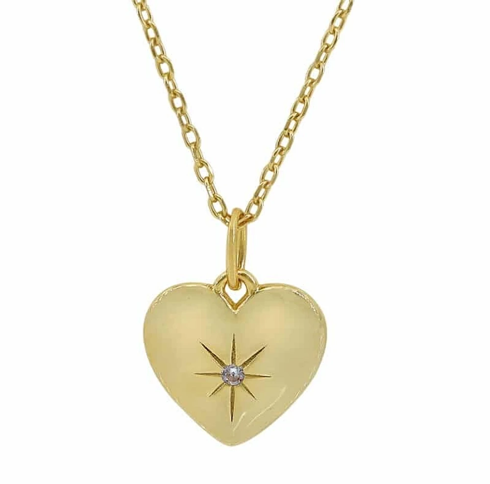 Sterling Silver With Gold, 13X13mm Heart Necklace With Cubic Zirconia