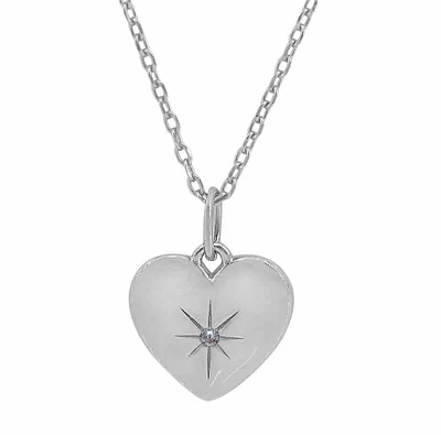 Sterling Silver With Rhodium, 13X13mm Heart Necklace With Cubic Zirconia