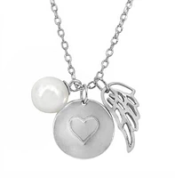 Sterling Silver With Rhodium, Multi Charm Necklace With Synthetic Pearl