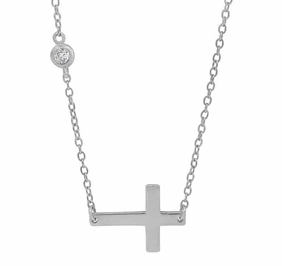 Sterling Silver With Rhodium, 15X11mm Cross Necklace With 3mm Cubic Zirconia