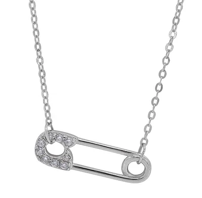 Sterling Silver With Rhodium, 18X6mm Safety Pin Necklace With Cubic Zirconia