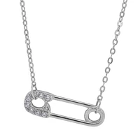 Sterling Silver With Rhodium, 18X6mm Safety Pin Necklace With Cubic Zirconia
