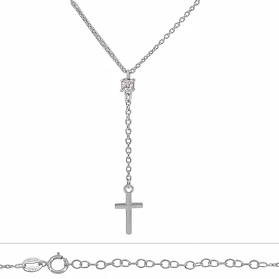 Sterling Silver With Rhodium Necklace With 3mm Diameter(Cz), 8X12mm(Cross)