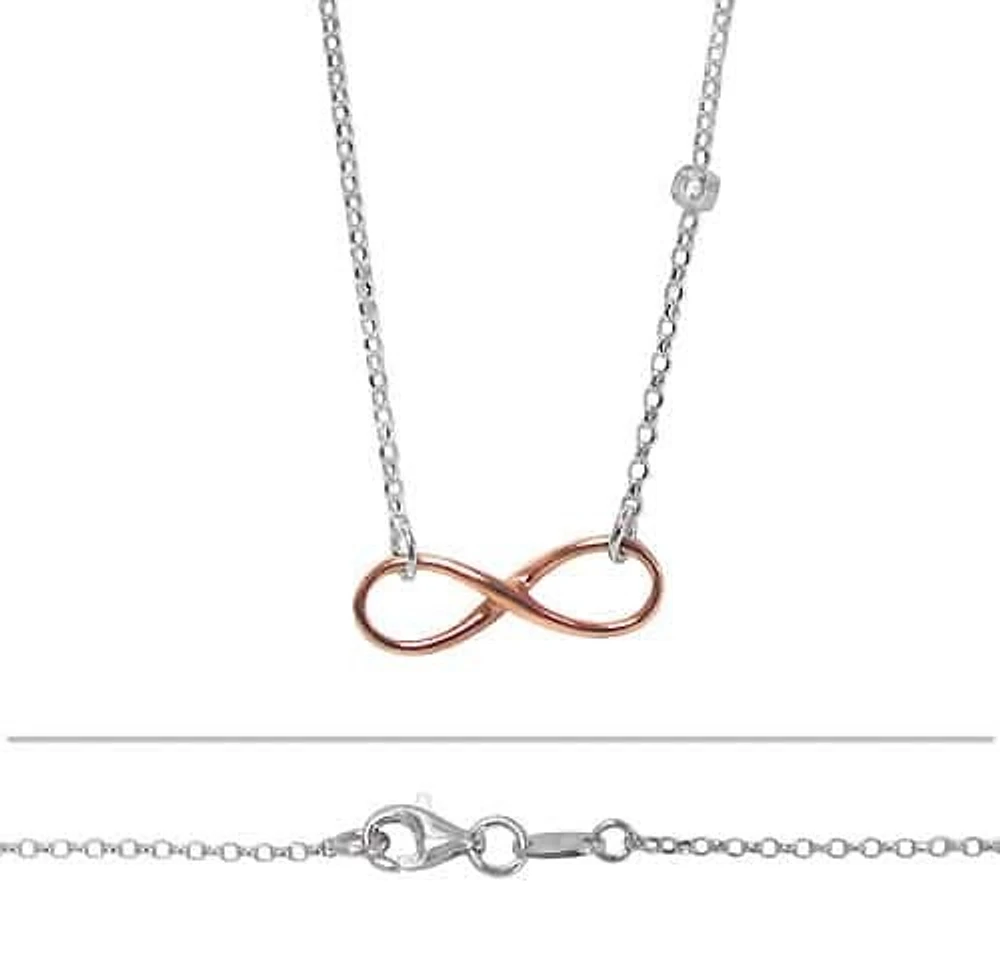 Sterling Silver Infinity Necklace With Rhodium/Rose Gold, 3mm Cz Stone