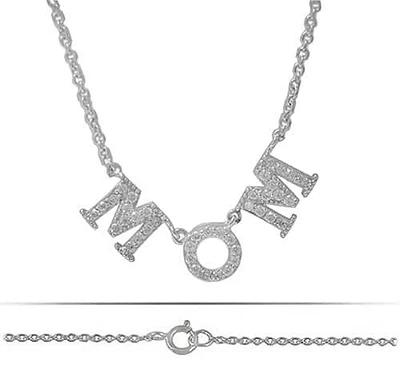 Sterling Silver With Rhodium, Mom (7X25mm) Charm Necklace
