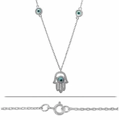 Sterling Silver With Rhodium, Hamsa (16×11.5mm)  And Evil Eye Charm Necklace