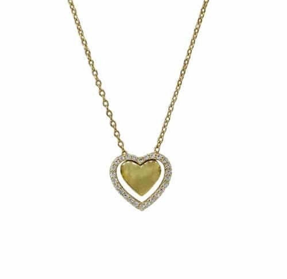 Sterling Silver With Gold, 11X12mm Heart Necklace With Cubic Zirconia