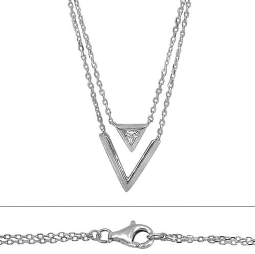 Sterling Silver With Rhodium, Double Charm Necklace, 6X7mm(Triangle Charm), 14X8mm(V Charm)