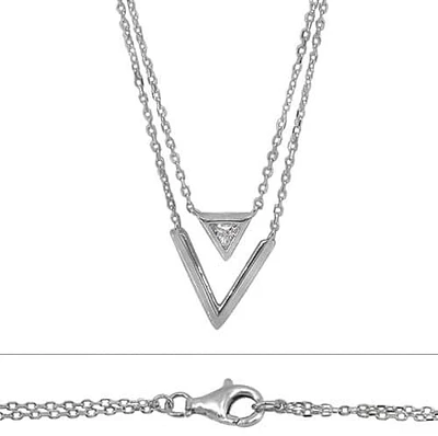 Sterling Silver With Rhodium, Double Charm Necklace, 6X7mm(Triangle Charm), 14X8mm(V Charm)