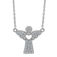 Sterling Silver With Rhodium, 16X17mm Angel Necklace With Cubic Zirconia