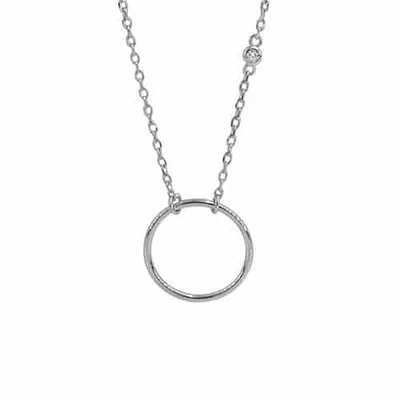 Sterling Silver With Rhodium,  17X1mm Loop Necklace With 3mm Cubic Zirconia