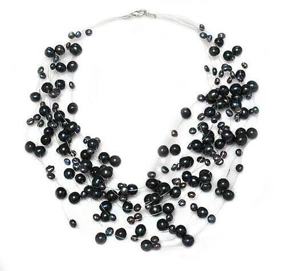 Peacock Freshwater Pearl, 14 Strand Mesh Necklace. Approximate Pearl Size:  3-8mm Diameter