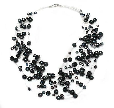 Peacock Freshwater Pearl, 14 Strand Mesh Necklace. Approximate Pearl Size:  3-8mm Diameter