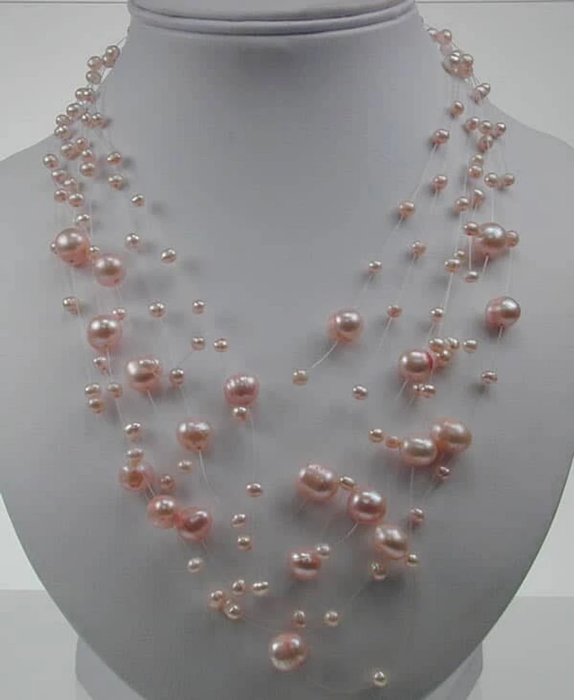 Pink Freshwater Pearl, 7 Strand Mesh Necklace. Approximate Pearl Size:  3-8mm Diameter