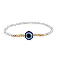 Sterling Silver And 14Kgf, 11mm Evil Eye Elastic Bracelet With 3mm Ball Bead