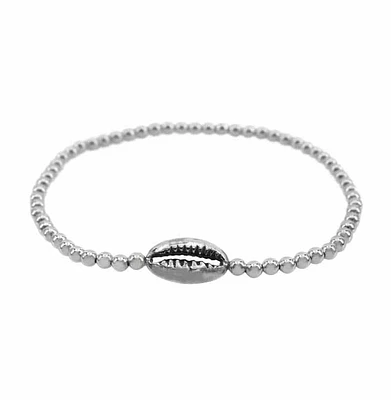 Sterling Silver, 8X14mm Shell Elastic Bracelet With 3mm Ball