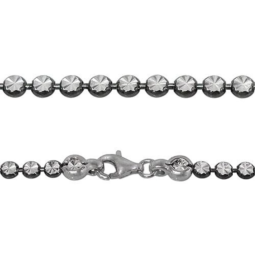 Sterling Silver With Black Rhodium, 3mm Flat Diamond Cut Round Bead Bracelet. Made In Italy