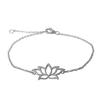 Sterling Silver With Rhodium, 12X21mm Lotus Charm Bracelet