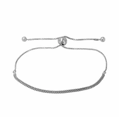 Sterling Silver With Rhodium, 2mm Width Mesh Bracelet With 7mm Ball Bead Silicone Stopper