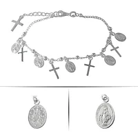 Sterling Silver, 8X6mm Miraculous Medal And 6X10mm Cross Charm Bracelet