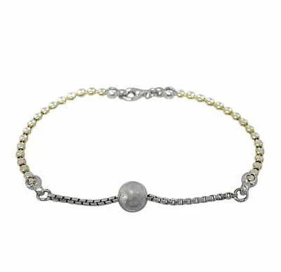 Sterling Silver With Rhodium/Gold, Bead Bracelet With 8mm Center Bead. Made In Italy