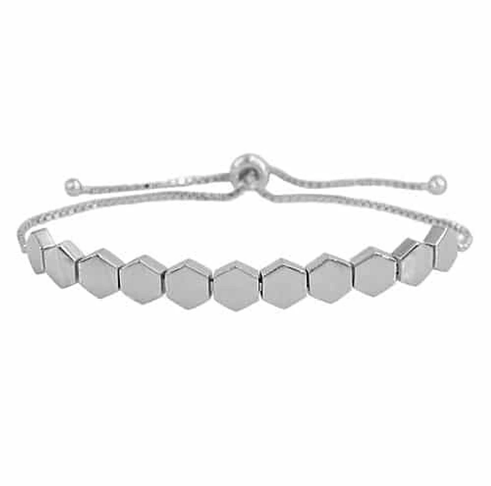 Sterling Silver With Rhodium, Adjustable Bracelet With 7X7mm Honeycomb Bead And Rondelle Rubber Stopper