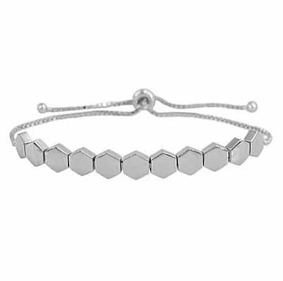 Sterling Silver With Rhodium, Adjustable Bracelet With 7X7mm Honeycomb Bead And Rondelle Rubber Stopper
