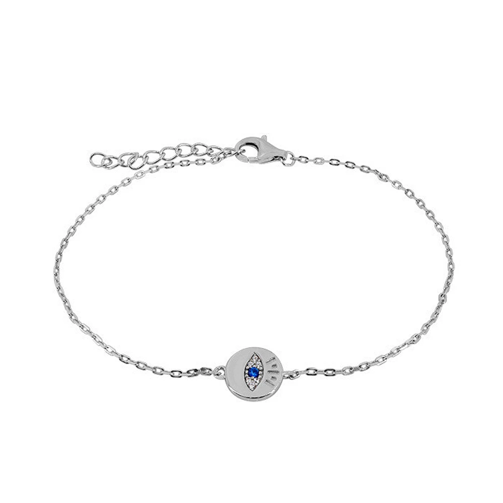 Sterling Silver With Rhodium, 8Mm Evil Eye Bracelet With Cubic Zirconia