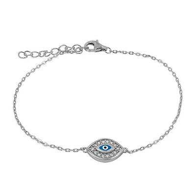 Sterling Silver With Rhodium, 8X12mm Evil Eye Bracelet With Cubic Zirconia