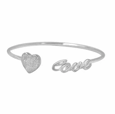 Sterling Silver With Rhodium, Adjustable 2mm Wire Bracelet With The Word Love And Cubic Zirconia Heart Charm