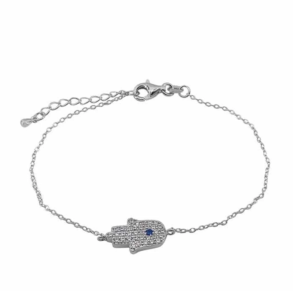 Sterling Silver With Rhodium, 9X14mm Hamsa Bracelet With Cubic Zirconia
