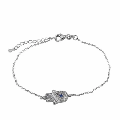 Sterling Silver With Rhodium, 9X14mm Hamsa Bracelet With Cubic Zirconia