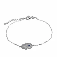Sterling Silver With Rhodium, 9X14mm Hamsa Bracelet With Cubic Zirconia