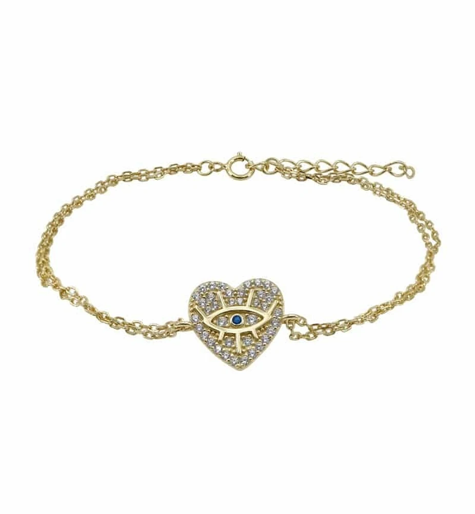 Sterling Silver With Gold, Evil Eye And Heart Charm Bracelet