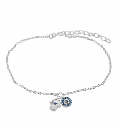 Sterling Silver With Rhodium, Hamsa And Flower Charm Bracelet