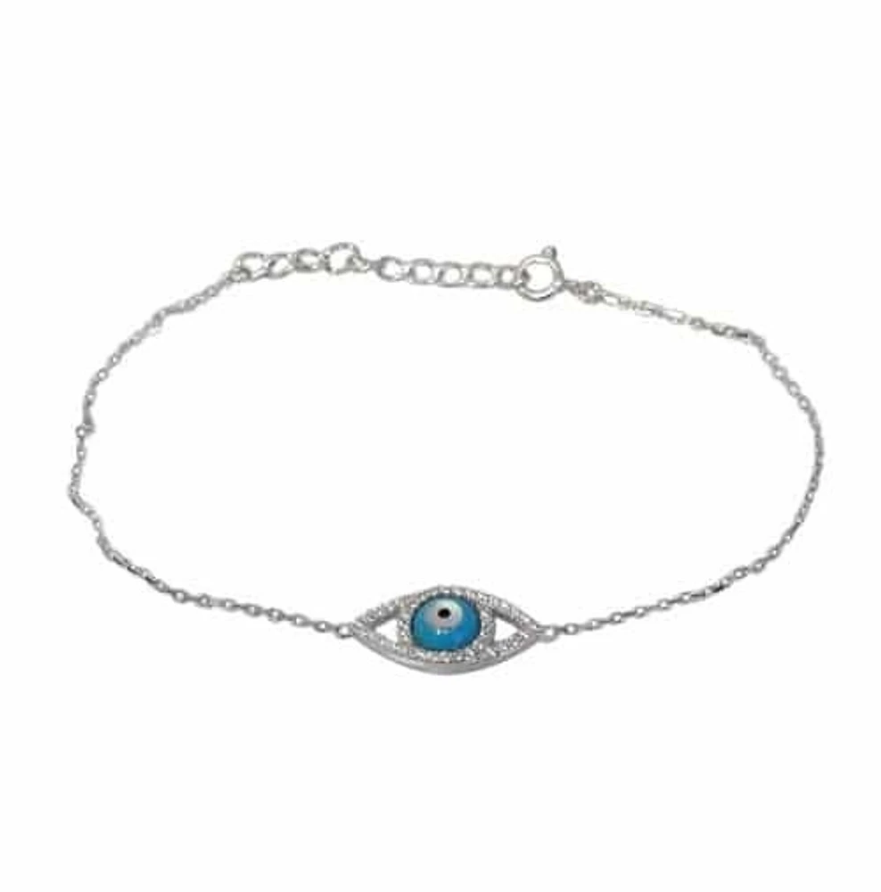 Sterling Silver With Rhodium, Evil Eye Bracelet With Cubic Zirconia