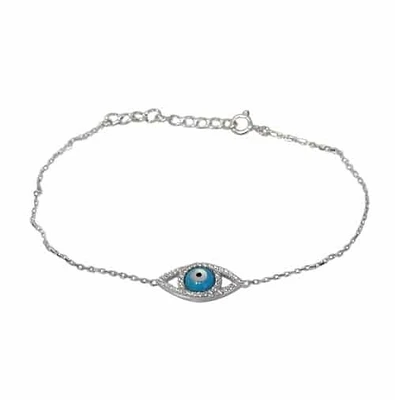 Sterling Silver With Rhodium, Evil Eye Bracelet With Cubic Zirconia