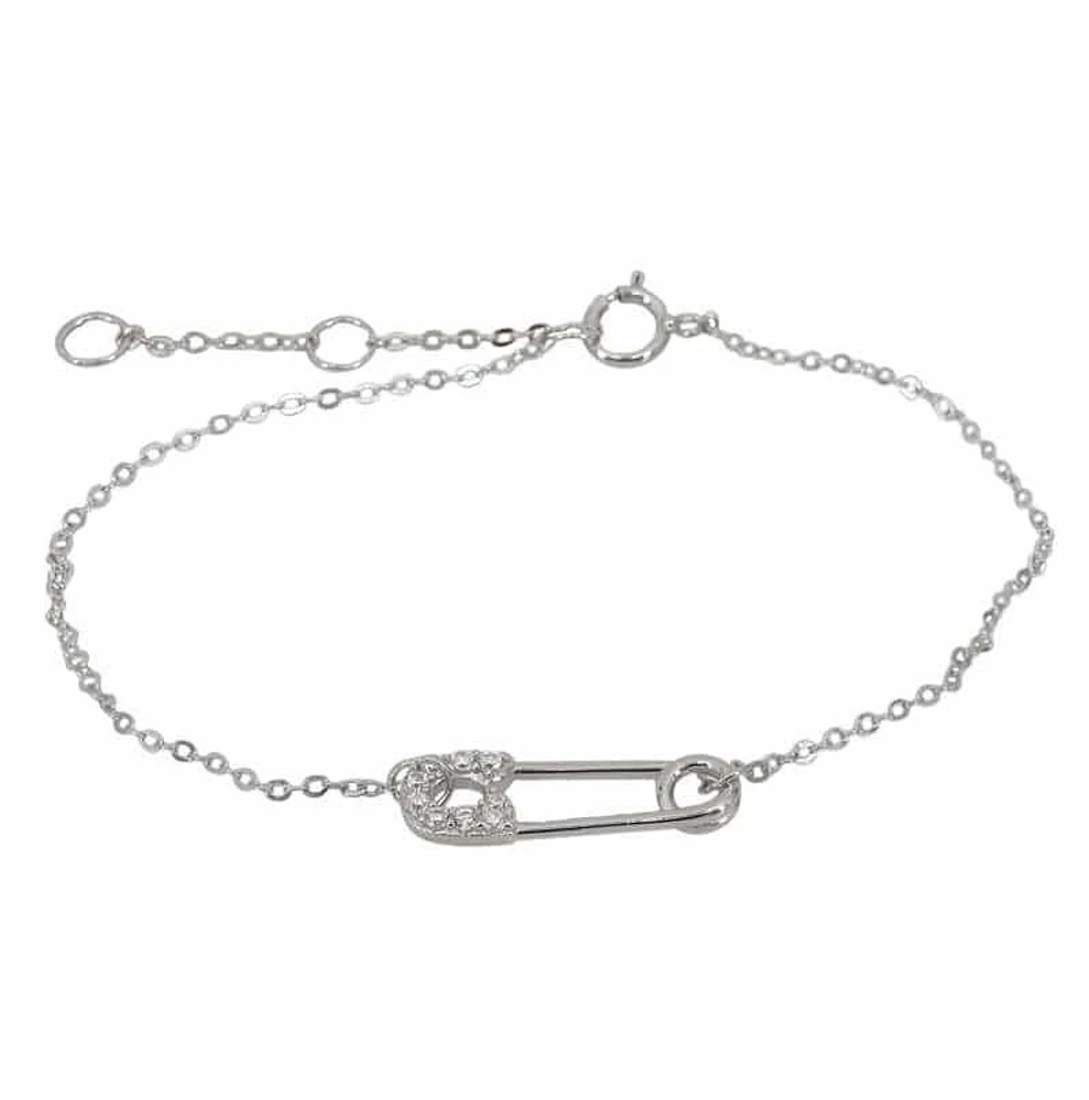 Sterling Silver With Rhodium, 18X6mm Safety Pin Bracelet With Cubic Zirconia