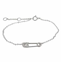 Sterling Silver With Rhodium, 18X6mm Safety Pin Bracelet With Cubic Zirconia