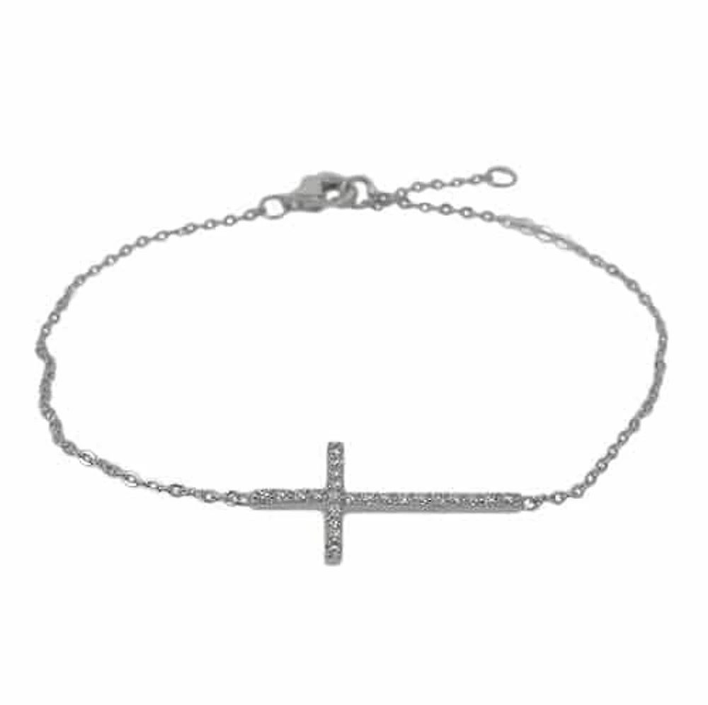 Sterling Silver With Rhodium, 14X26mm Cross Charm Bracelet With Cubic Zirconia