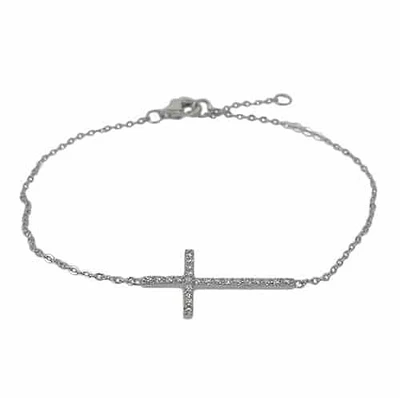 Sterling Silver With Rhodium, 14X26mm Cross Charm Bracelet With Cubic Zirconia